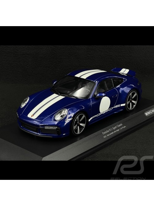 Porsche 911 (992) Sport Classic – Metalik Mavi / Beyaz Çizgili | 1/18 | Minichamps