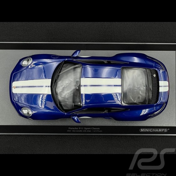 Porsche 911 (992) Sport Classic – Metalik Mavi / Beyaz Çizgili | 1/18 | Minichamps