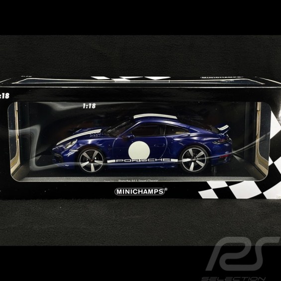 Porsche 911 (992) Sport Classic – Metalik Mavi / Beyaz Çizgili | 1/18 | Minichamps